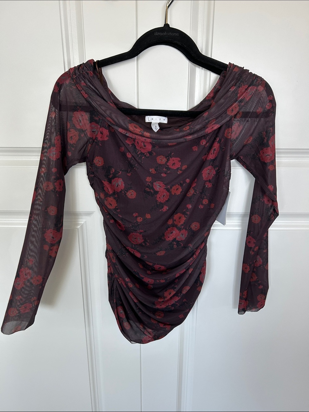 NWT Leith Ruched Off-Shoulder Floral Mesh Top - Burgundy with Red Roses
